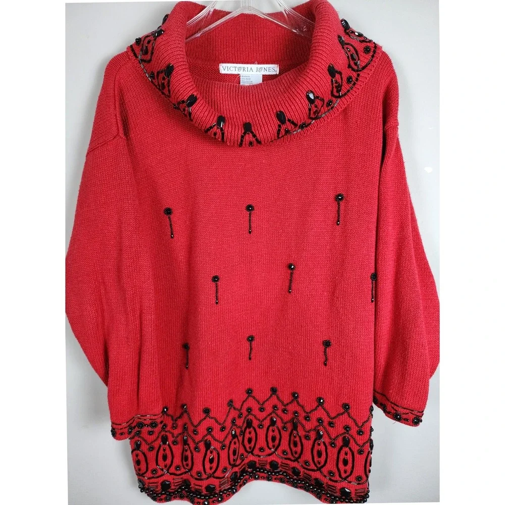 Vtg Victoria Jones Red Beaded Cowl Neck Sweater Top Womens Size L‎ Ramie Cotton